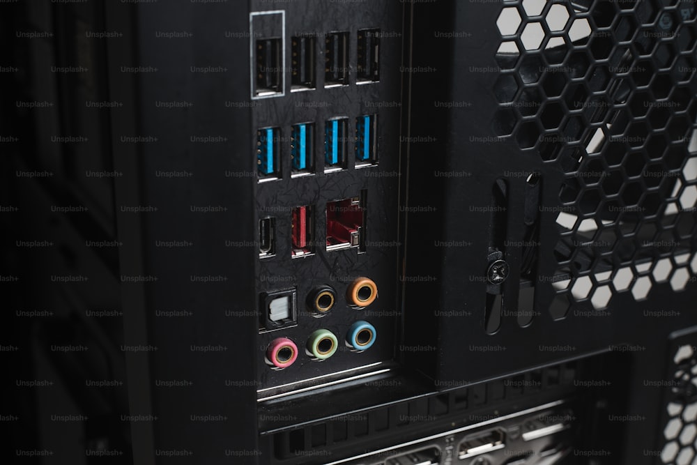 a close up of a black computer case