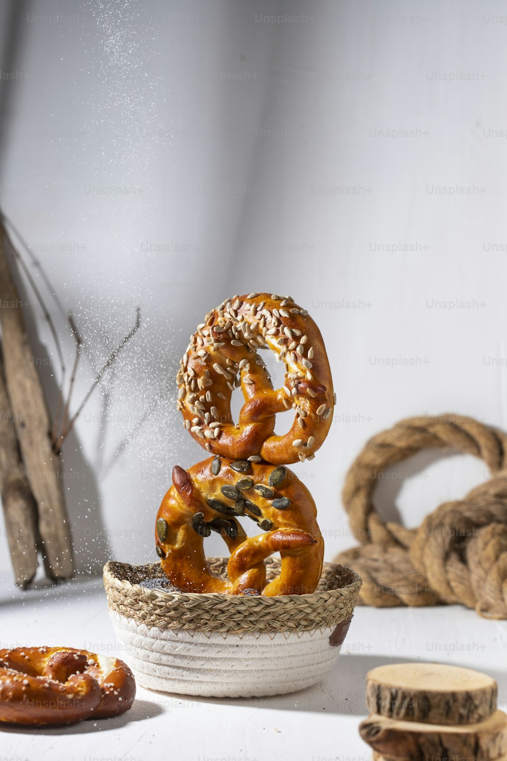 a group of pretzels sitting on top of a basket