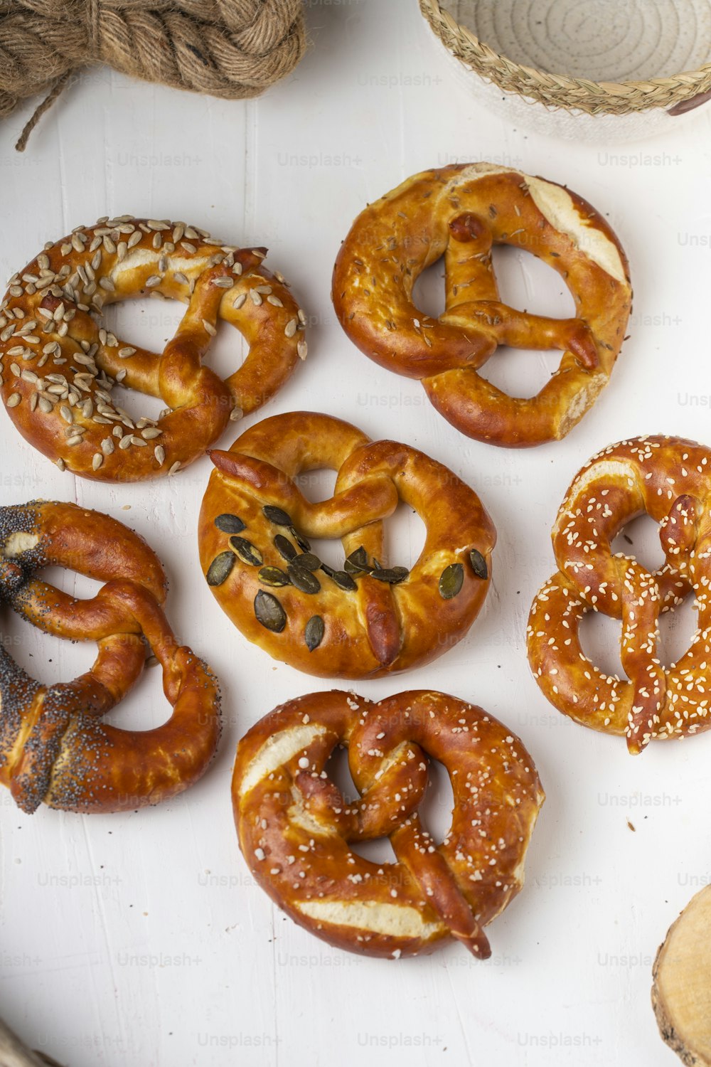 a bunch of pretzels that are on a table