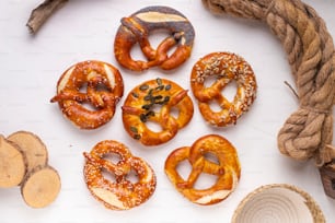 a group of pretzels sitting on top of a white table