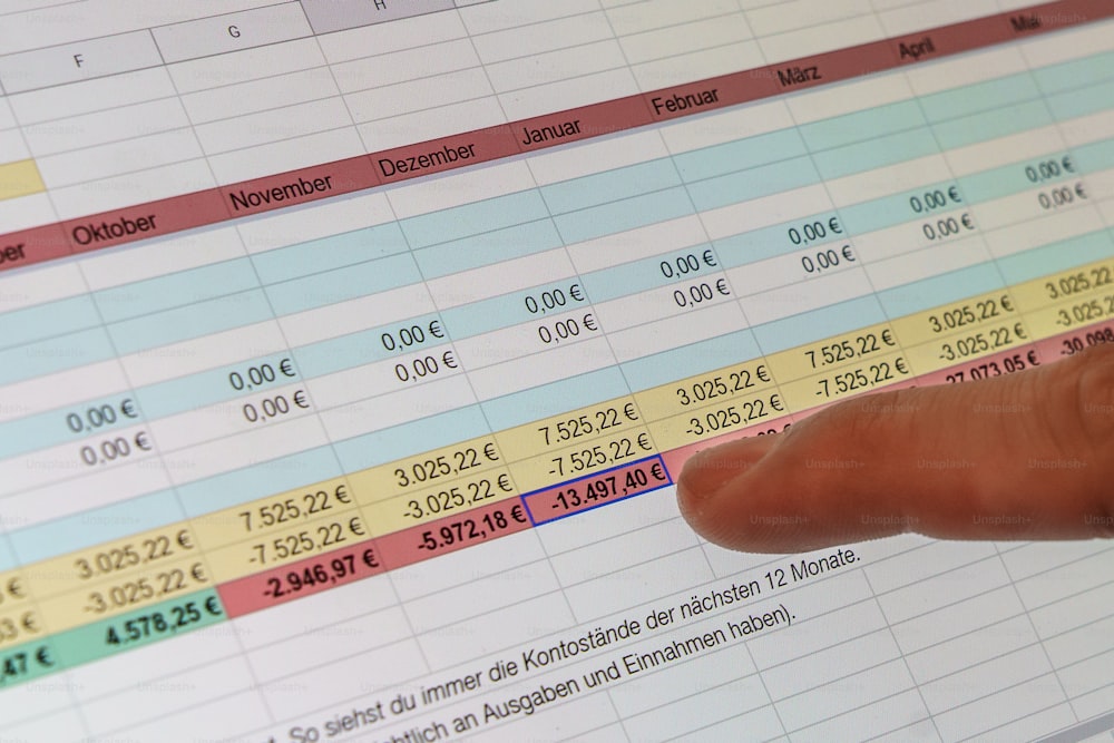 a hand pointing at a spreadsheet on a computer screen
