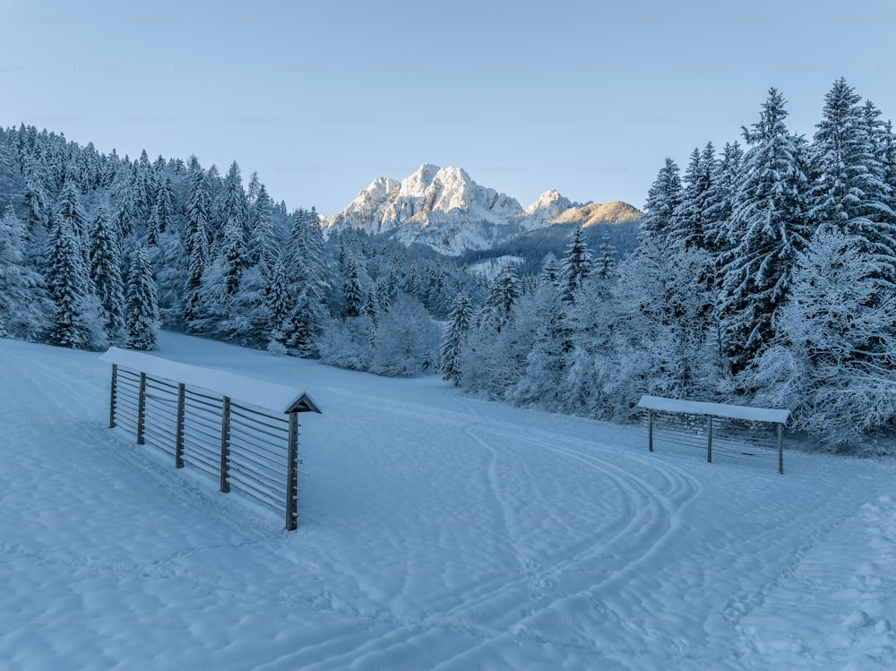 a snow covered field with a fence and mountains in the background