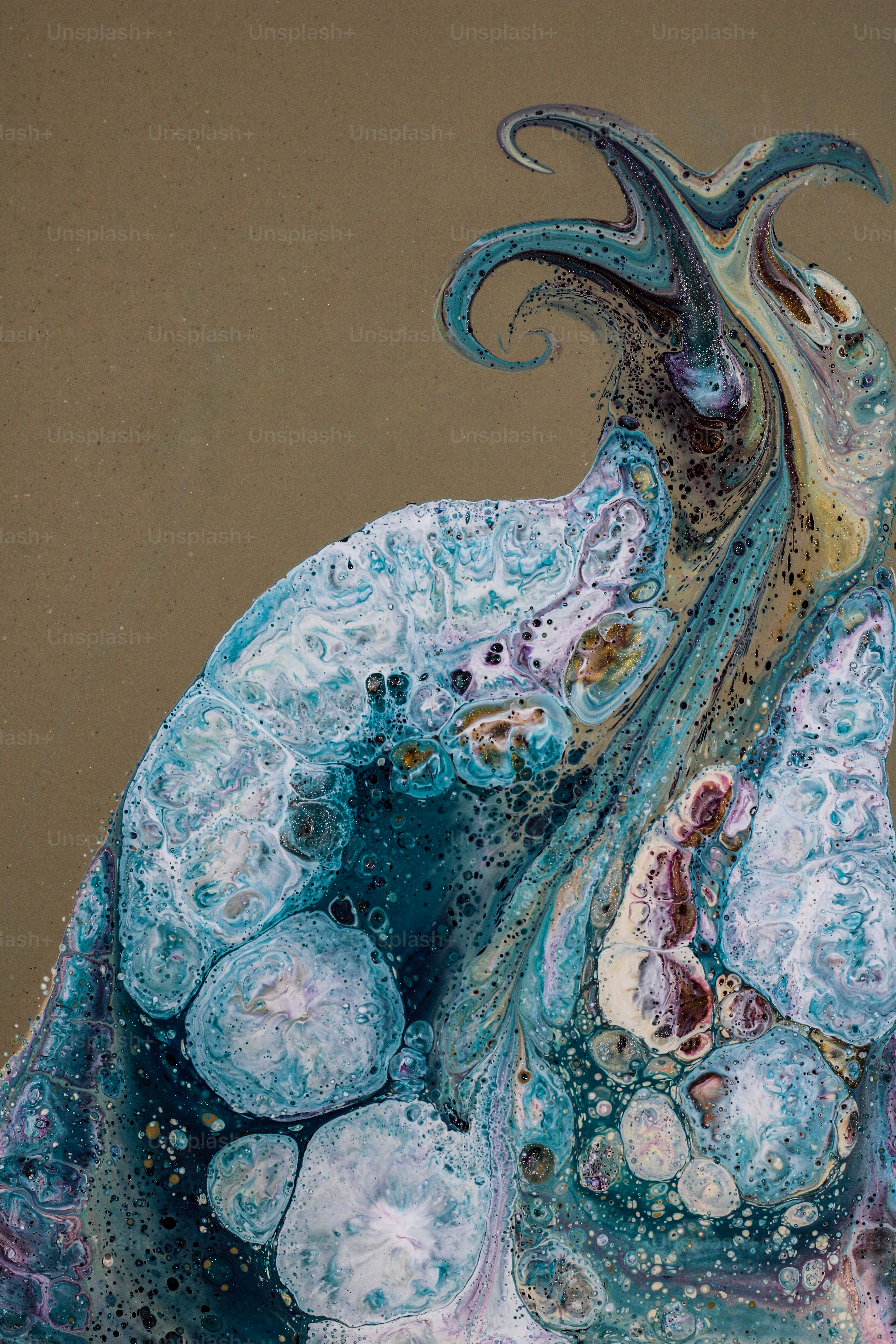 an abstract painting of a blue and white substance