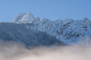 a mountain covered in snow and surrounded by fog