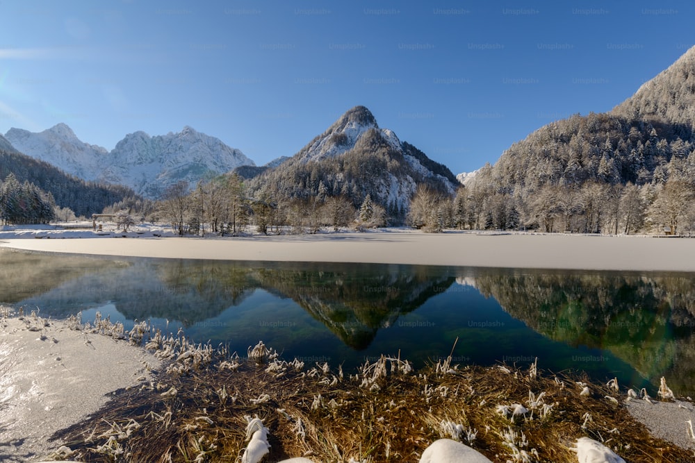 a lake surrounded by snow covered mountains