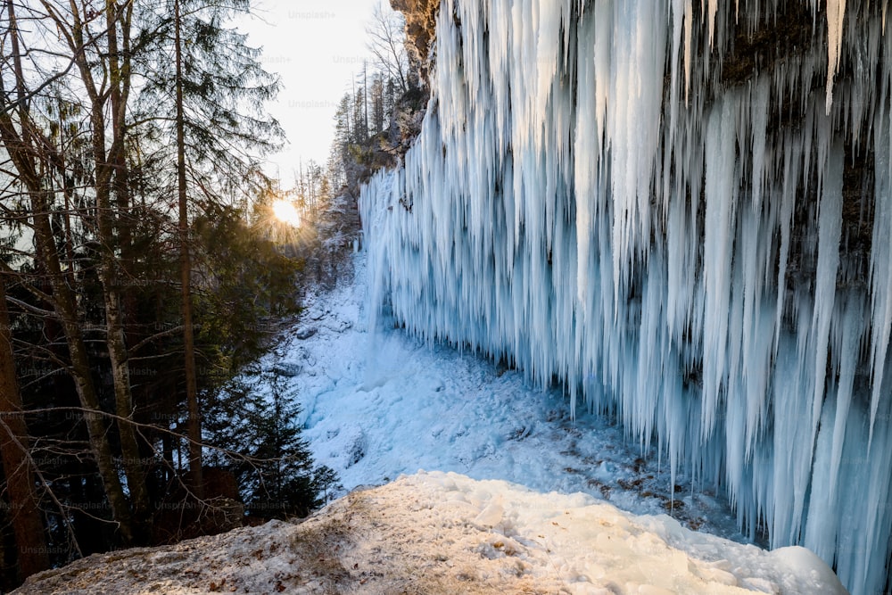 Ein gefrorener Wasserfall mit Bäumen und Schnee auf dem Boden