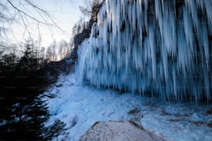 a frozen waterfall in the middle of a forest