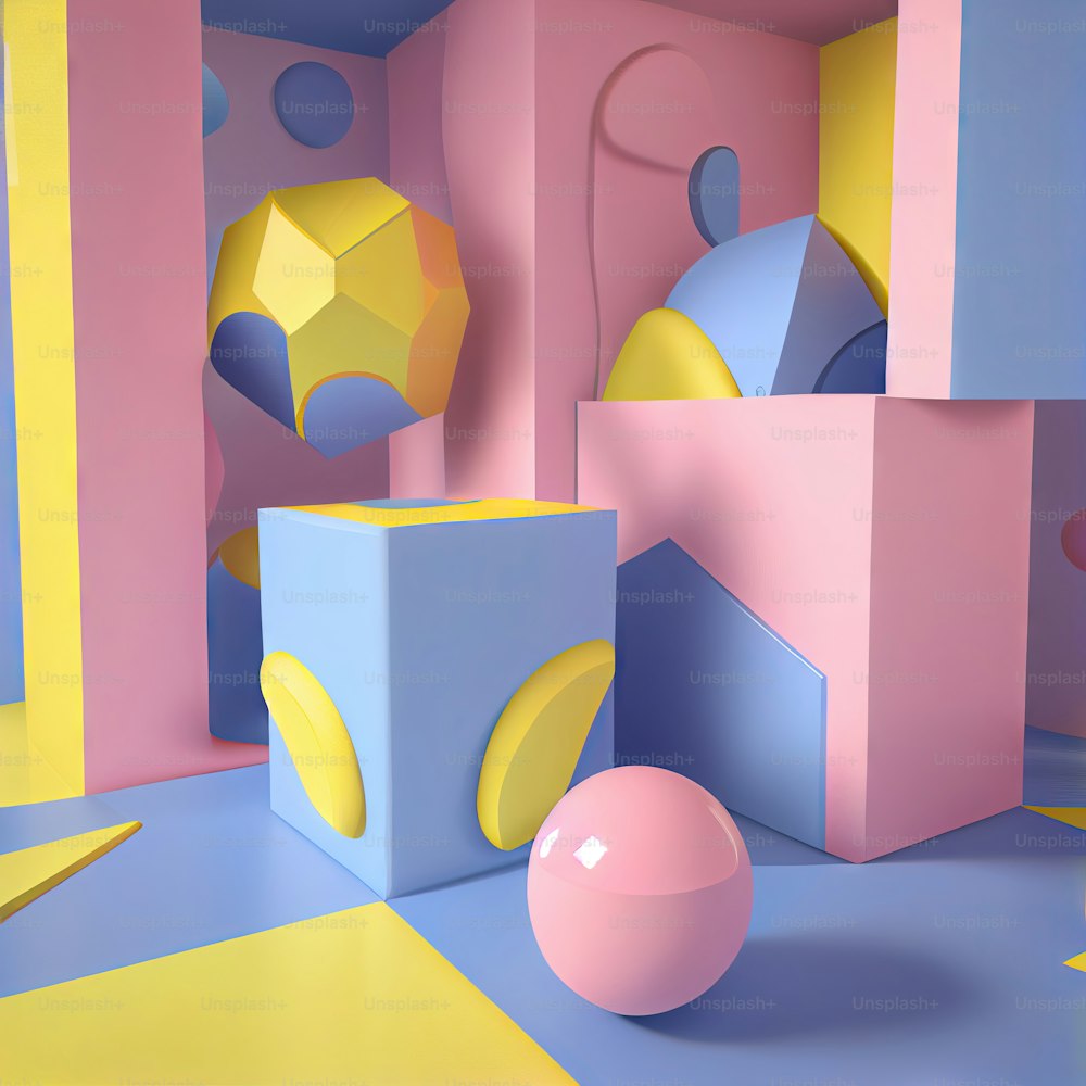 a room filled with different colored boxes and balls