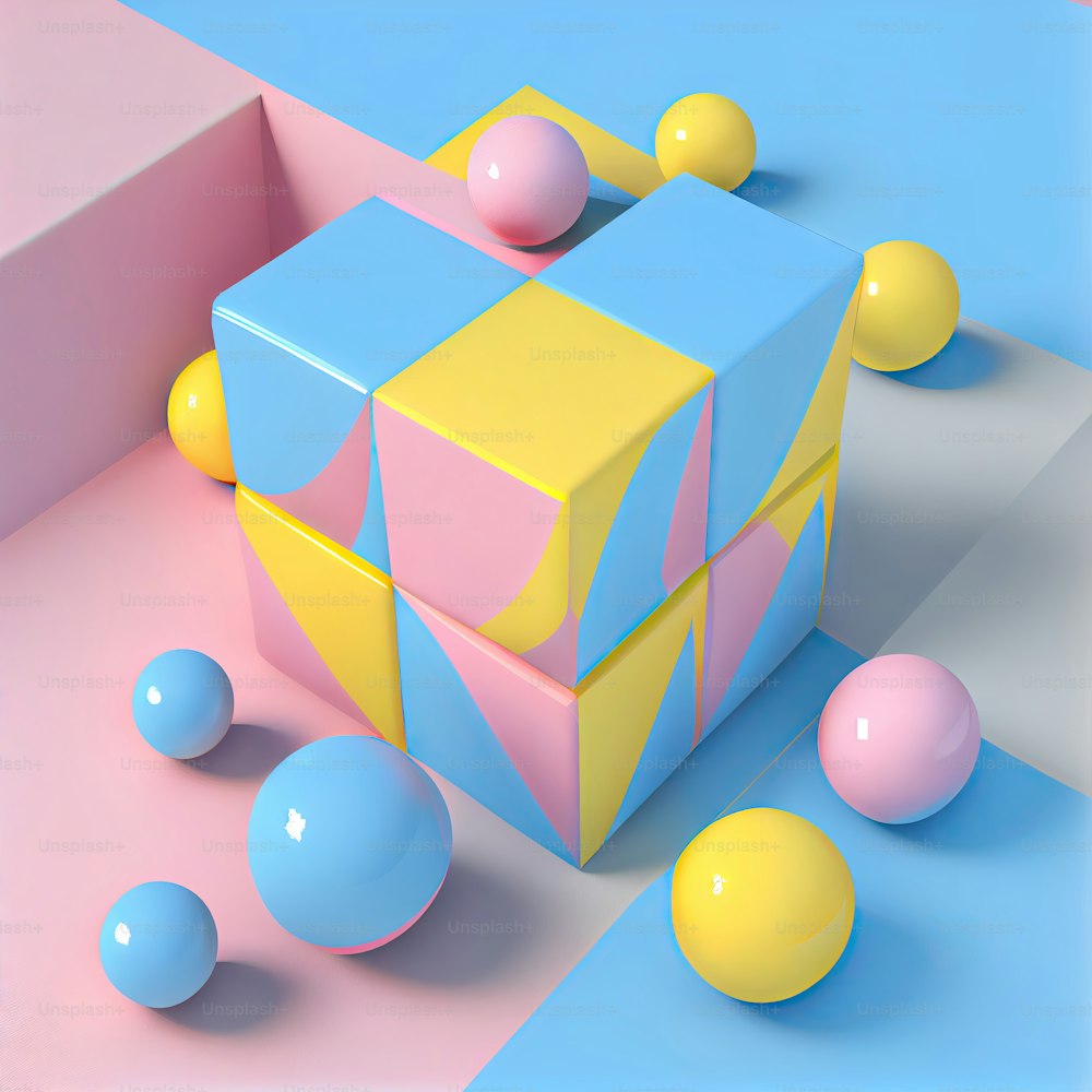 Un cubo colorido rodeado de bolas sobre un fondo azul y rosa