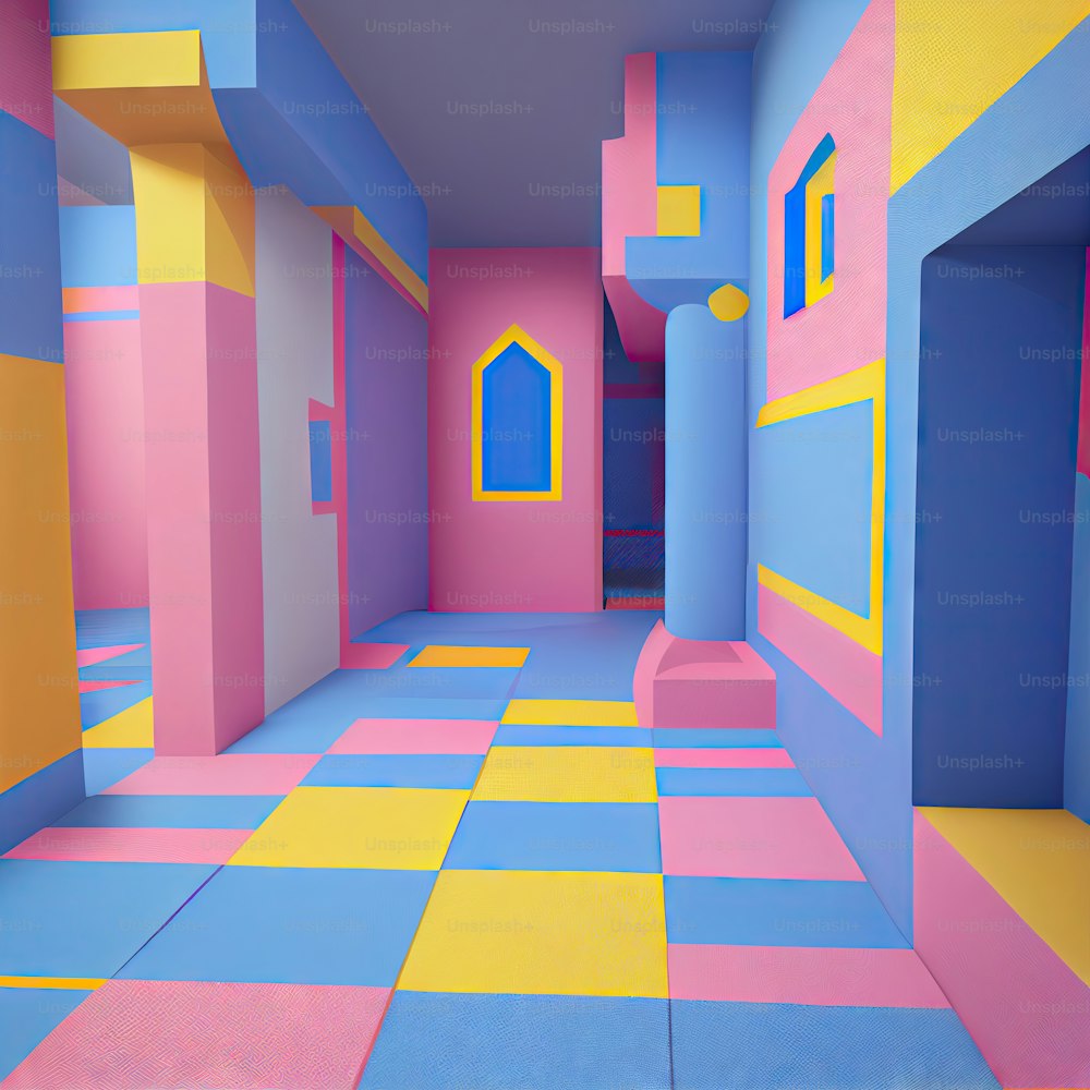 a brightly colored hallway with blue, yellow, and pink walls