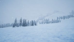 a snow covered mountain with trees in the foreground