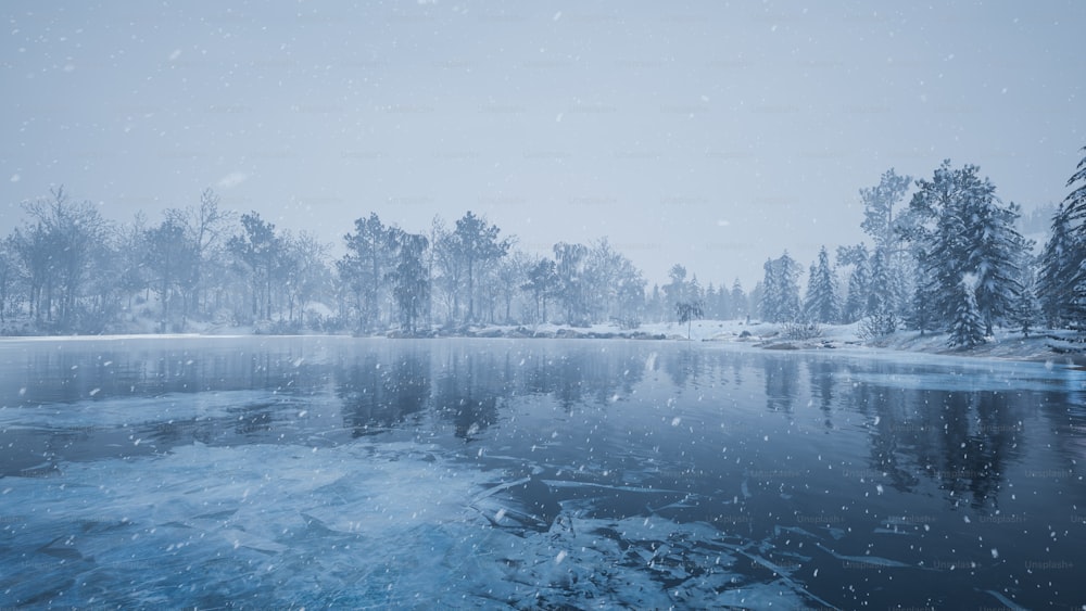 a frozen lake surrounded by snow covered trees