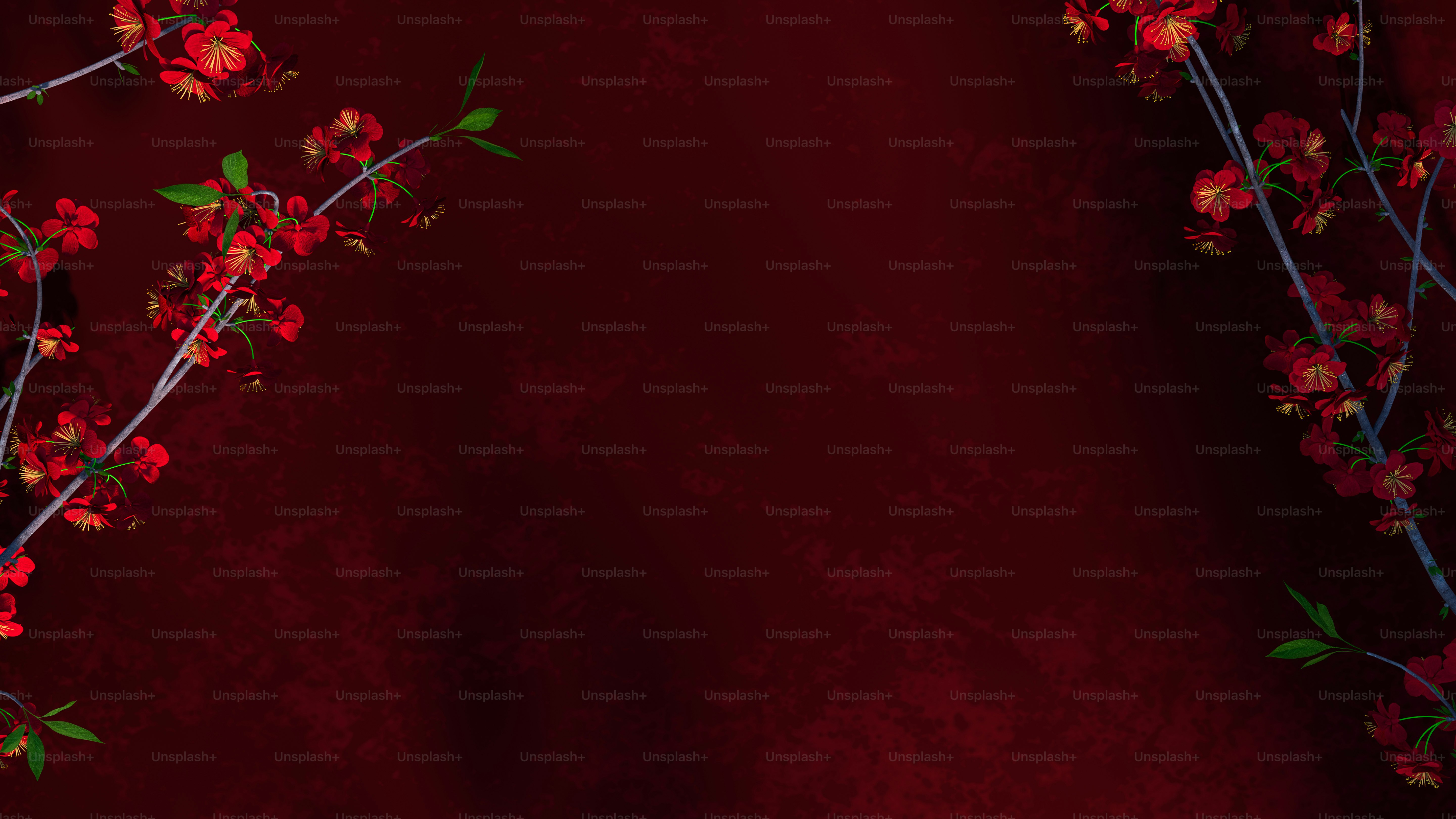 a branch with red flowers on a red background