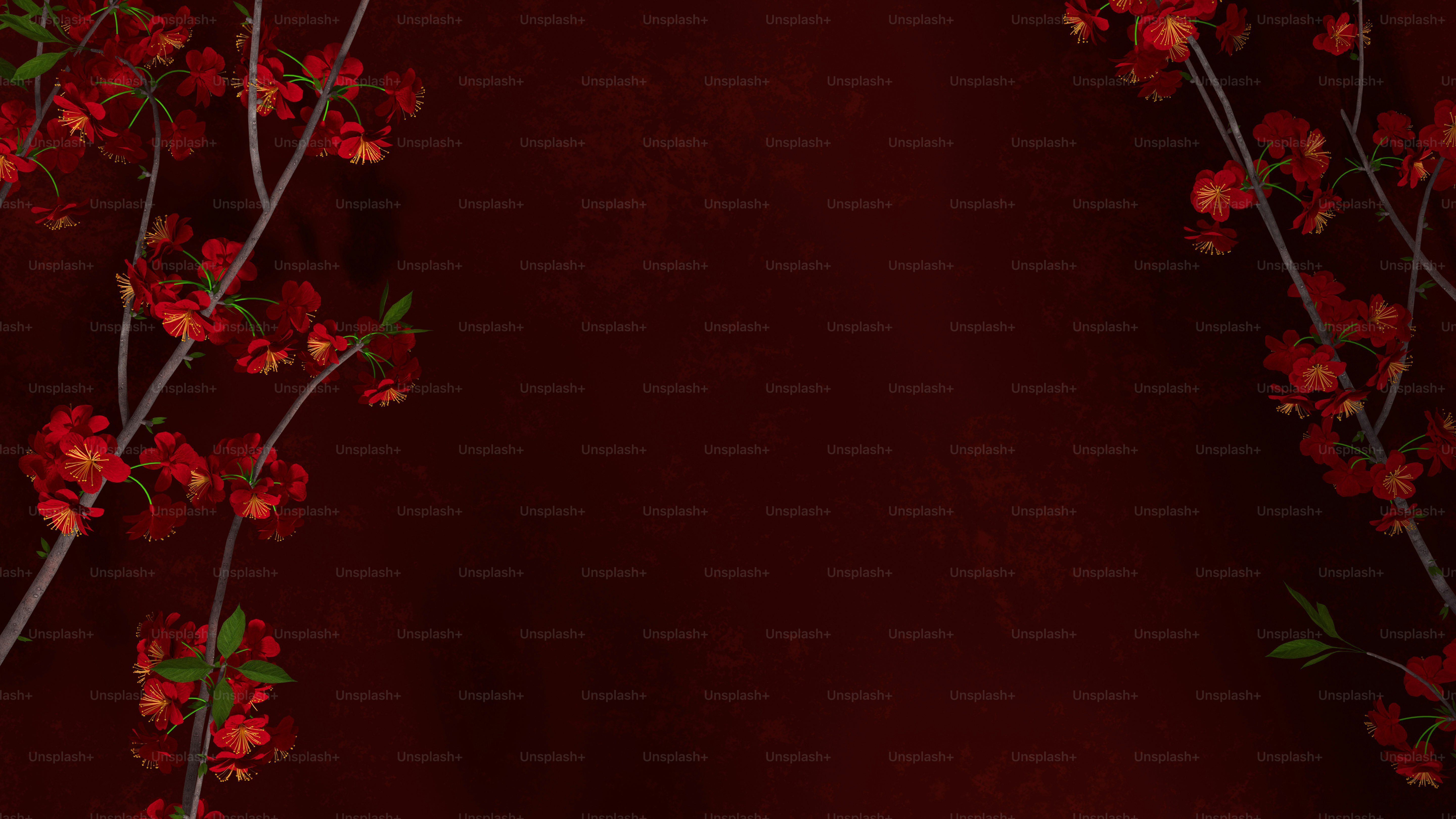 a branch with red flowers on a red background