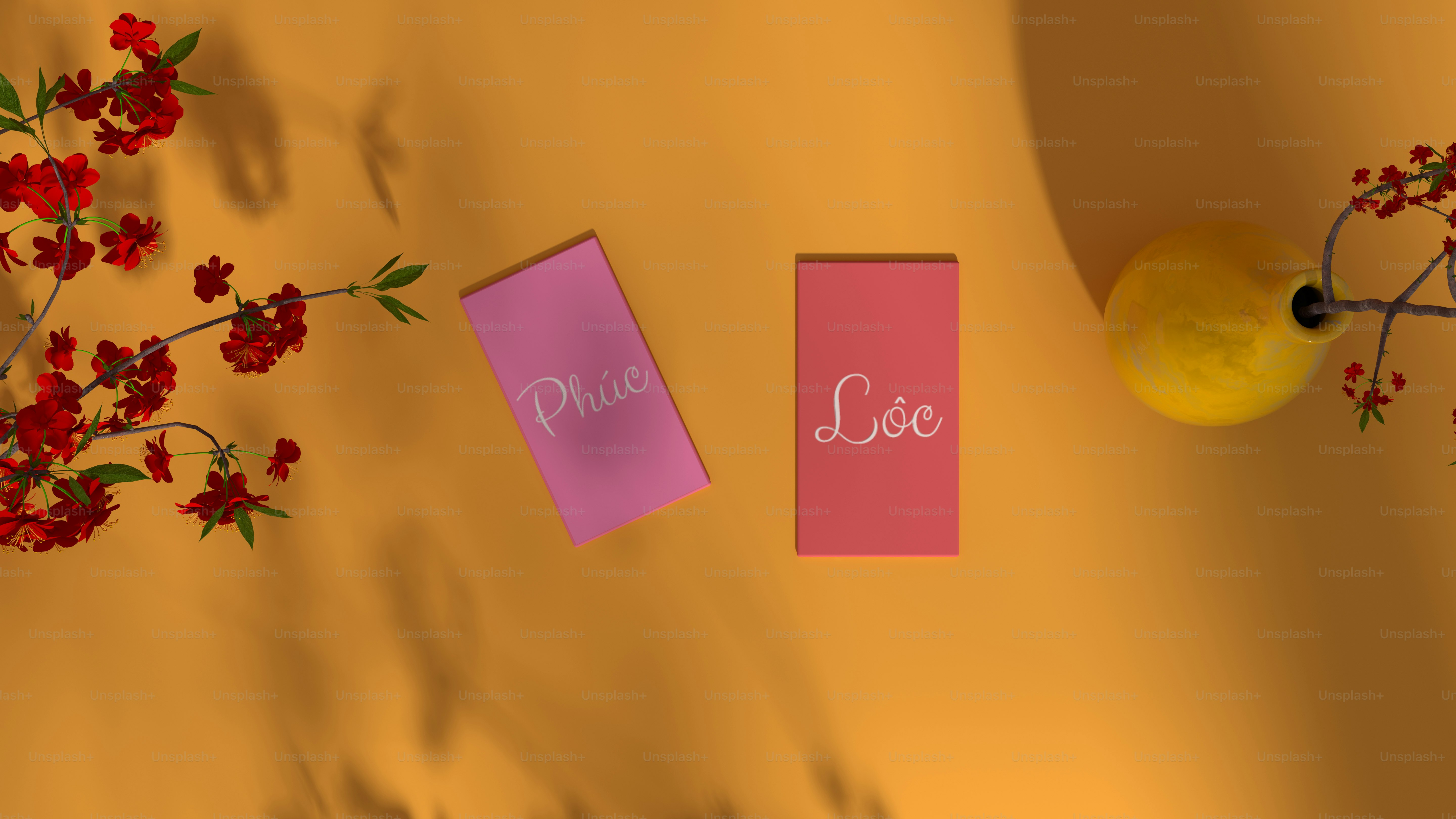 a yellow vase with red flowers and a pink note