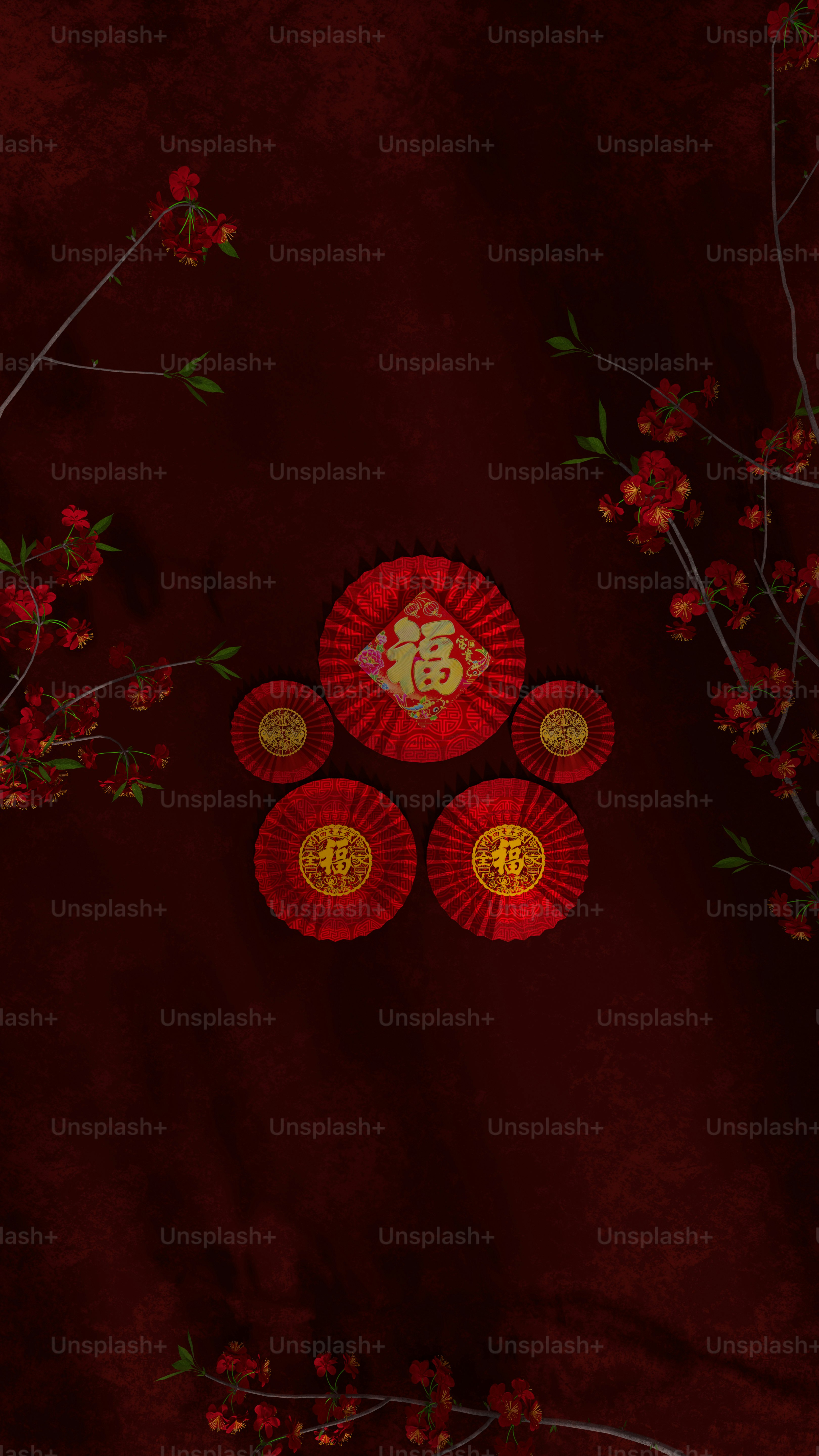 a red background with a bunch of red flowers