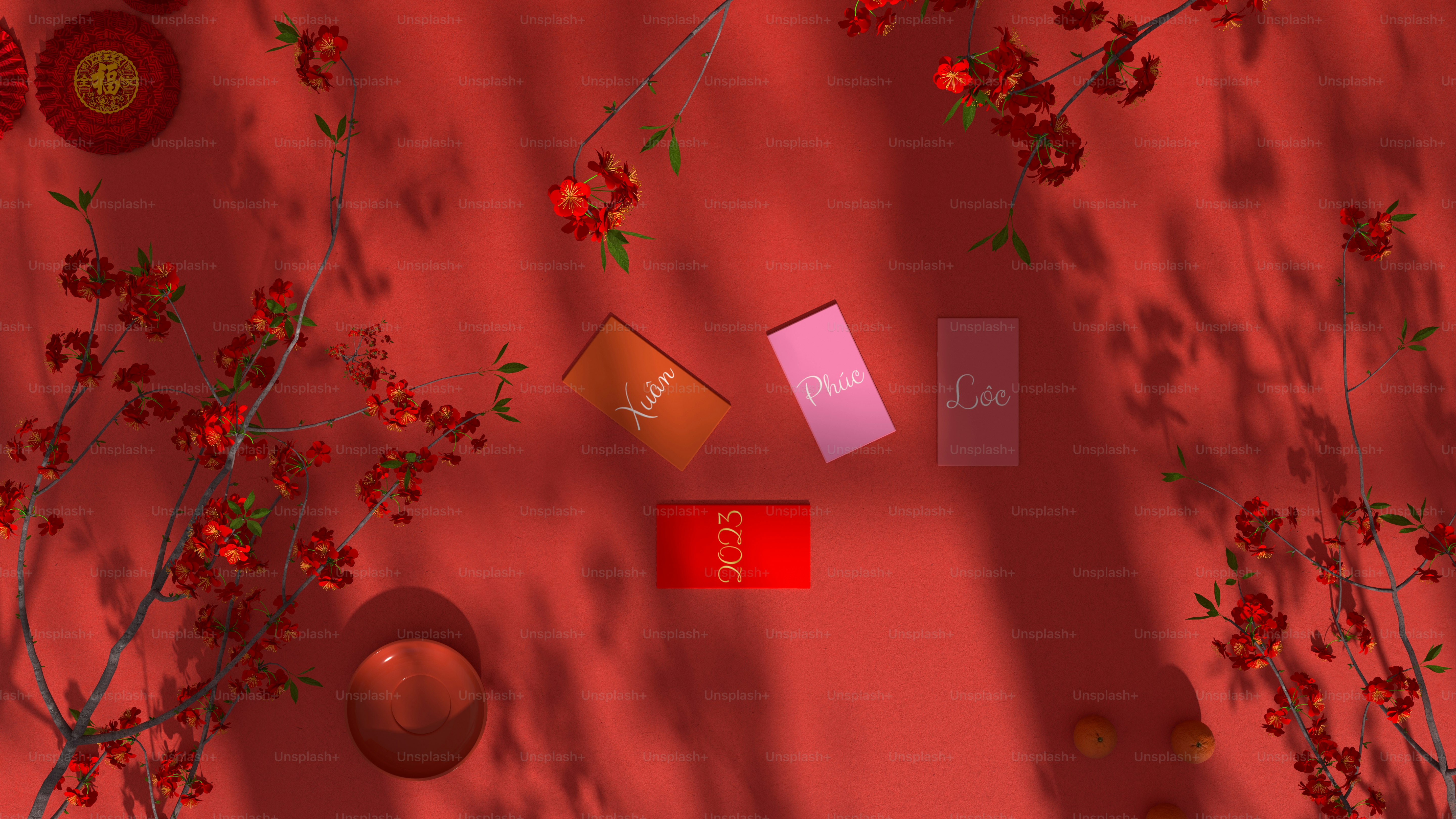 a red background with red flowers and red boxes