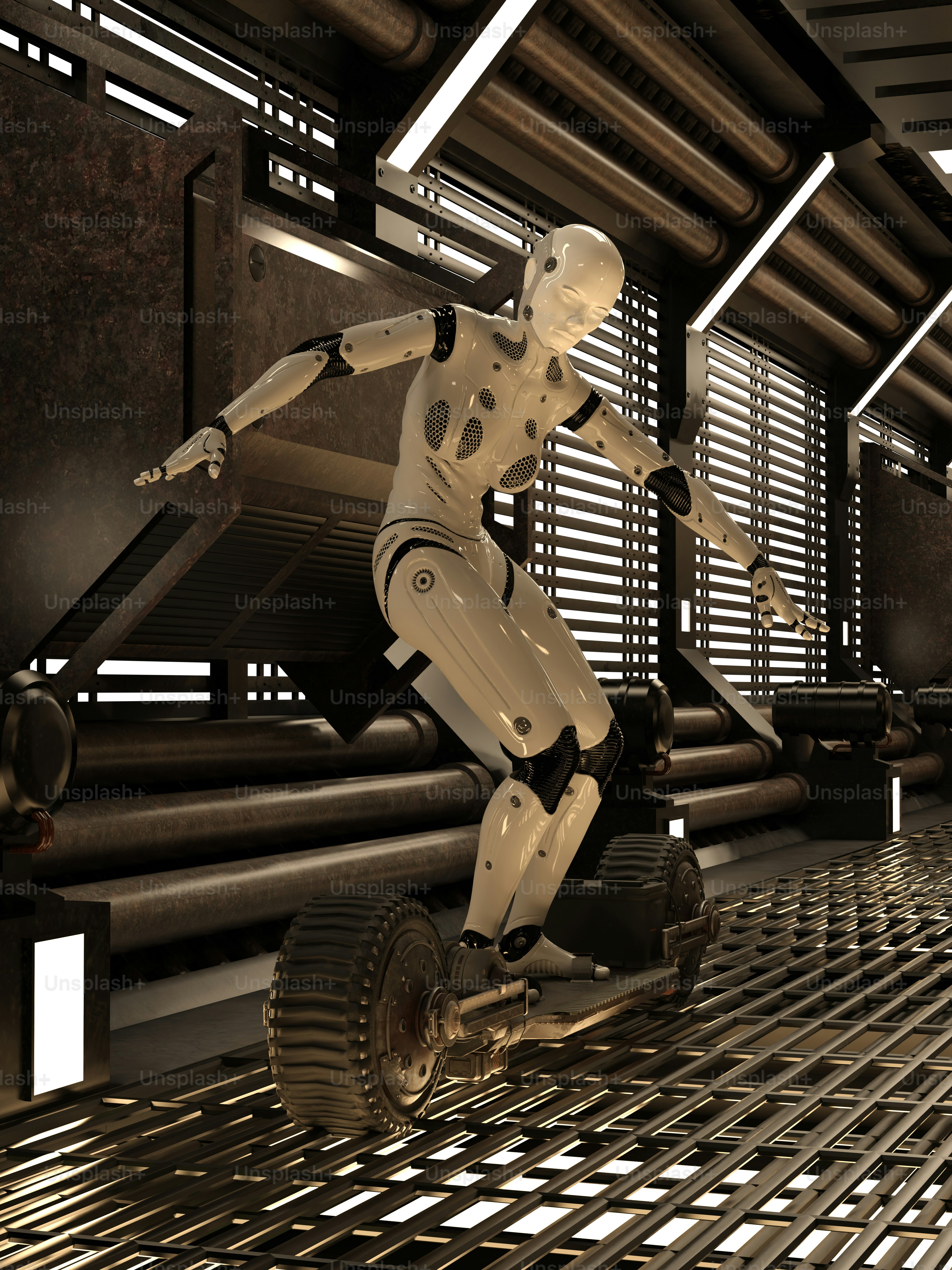 Un robot sur une planche à roulettes dans une pièce