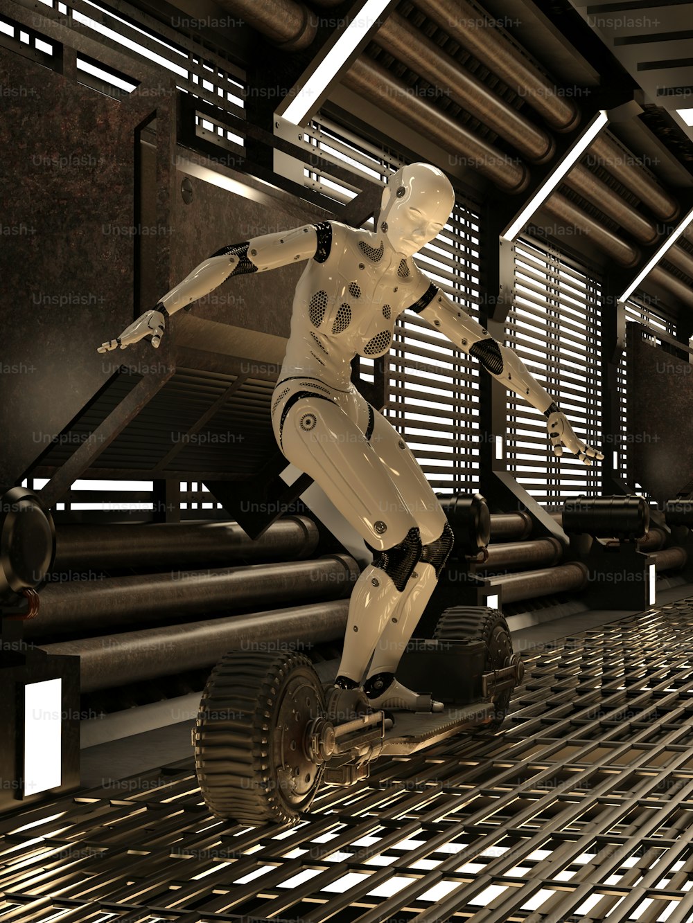 Un robot montado en un monopatín en una habitación