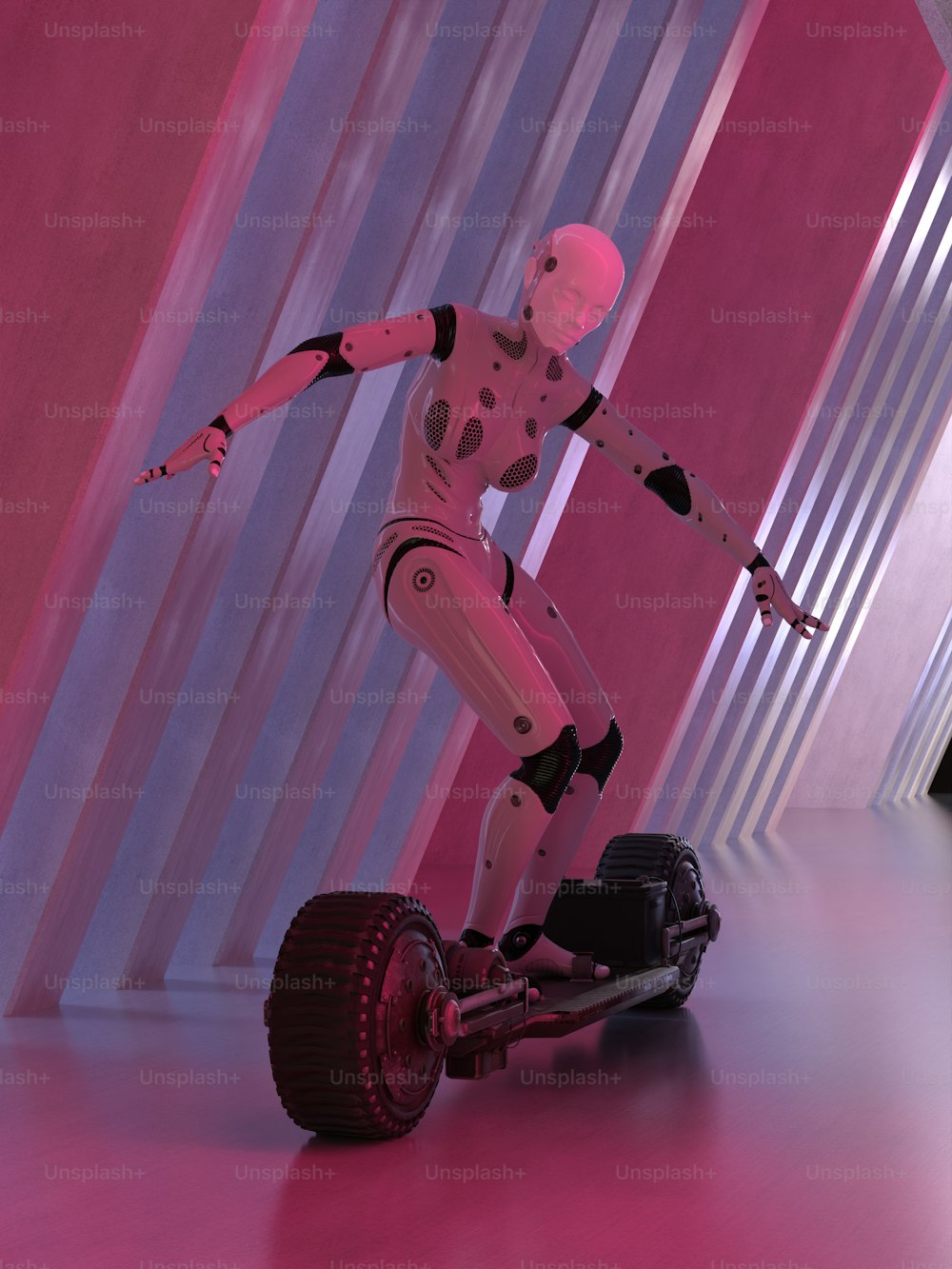 a robot is riding a hover in a pink room