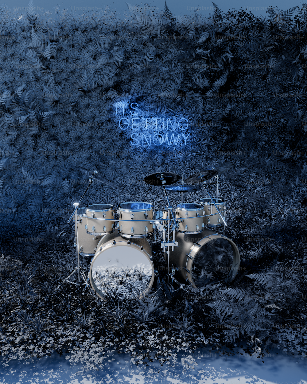 a picture of a drum set in the snow