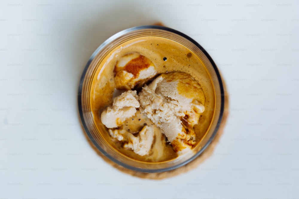 a close up of a cup of food on a table