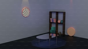 a room with a book shelf and a round mirror
