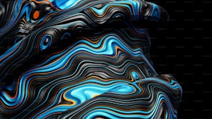 a blue and black abstract painting on a black background