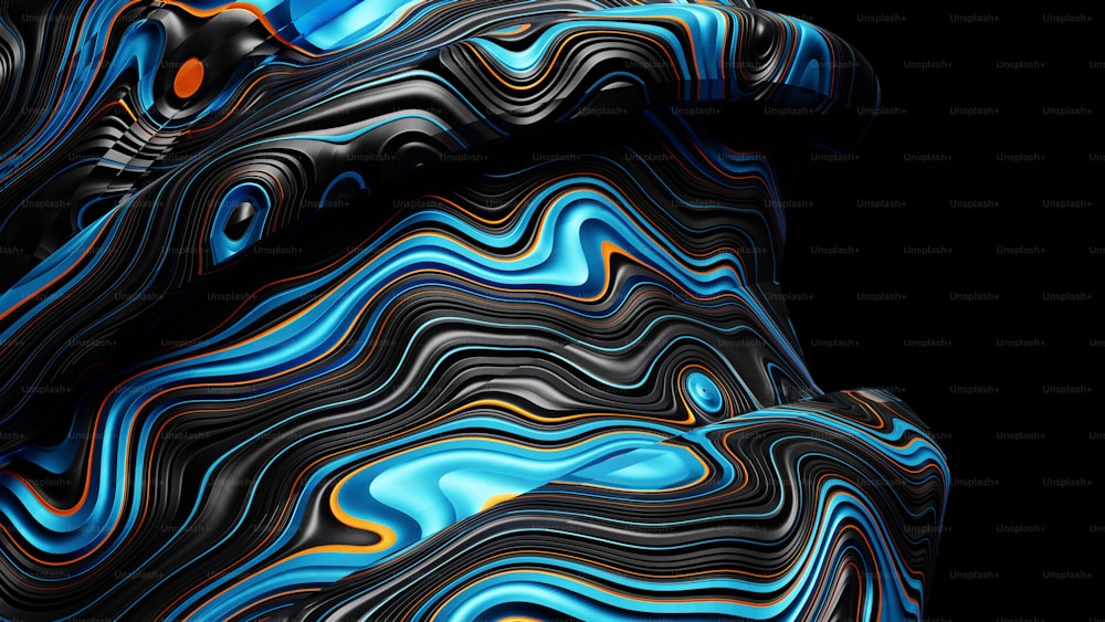 a blue and black abstract painting on a black background