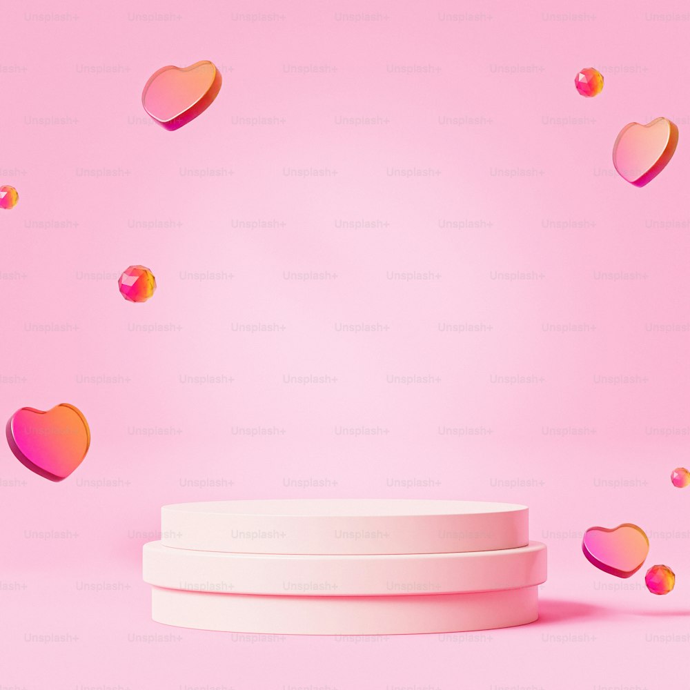 a pink background with hearts flying around