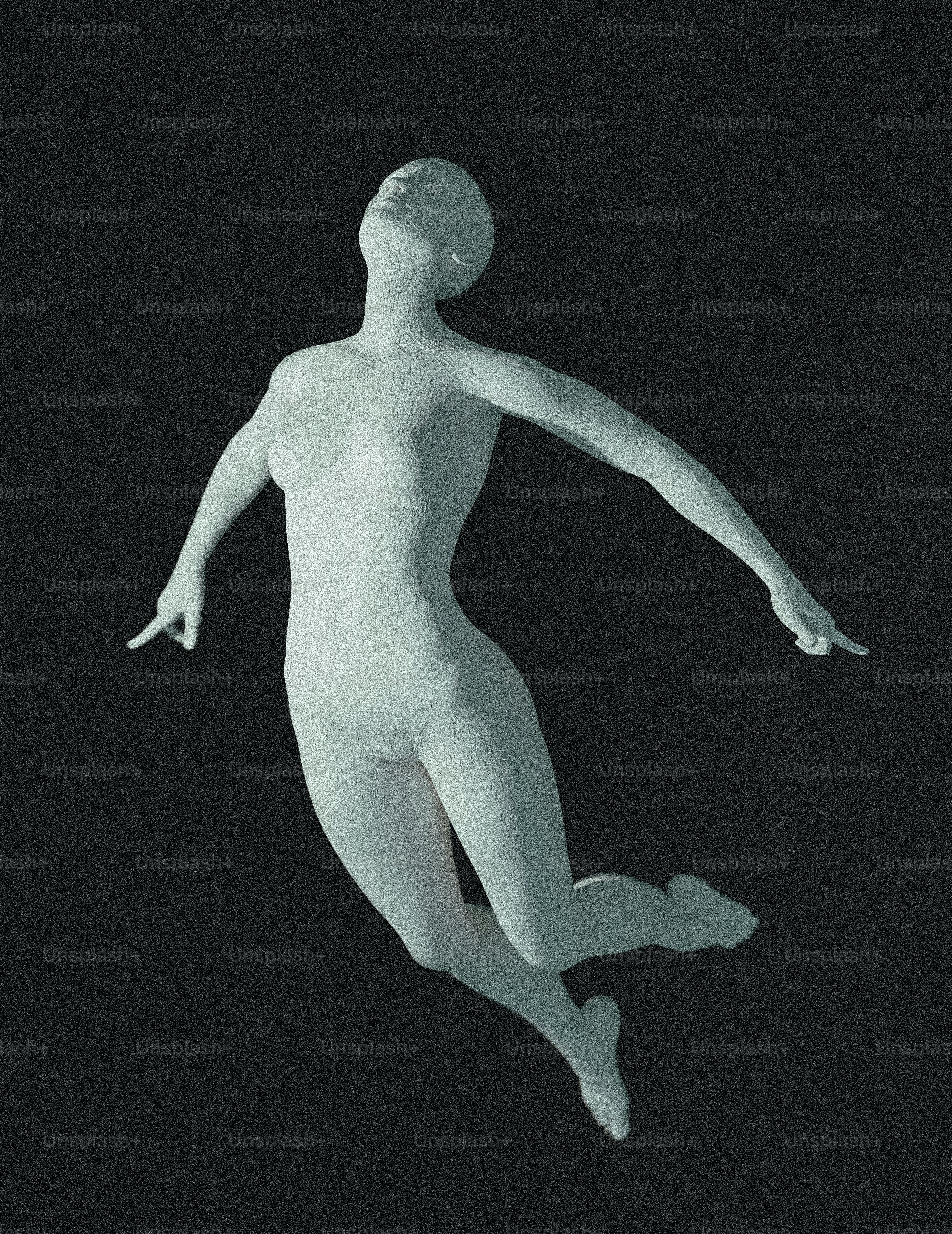 a white statue of a woman is in the air