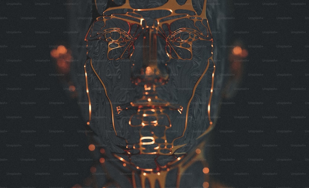 a golden robot head with a black background