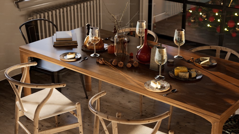 a wooden table topped with glasses of wine