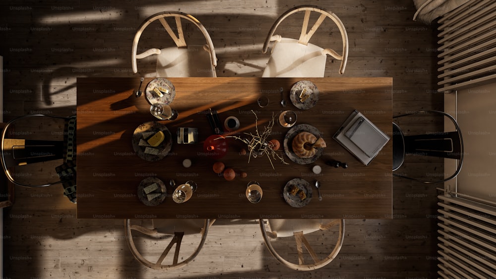an overhead view of a dining room table