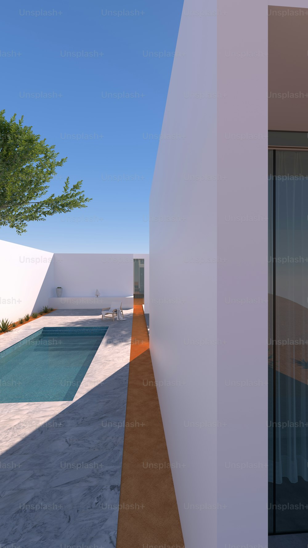 Un rendering 3D di una piscina accanto a una casa
