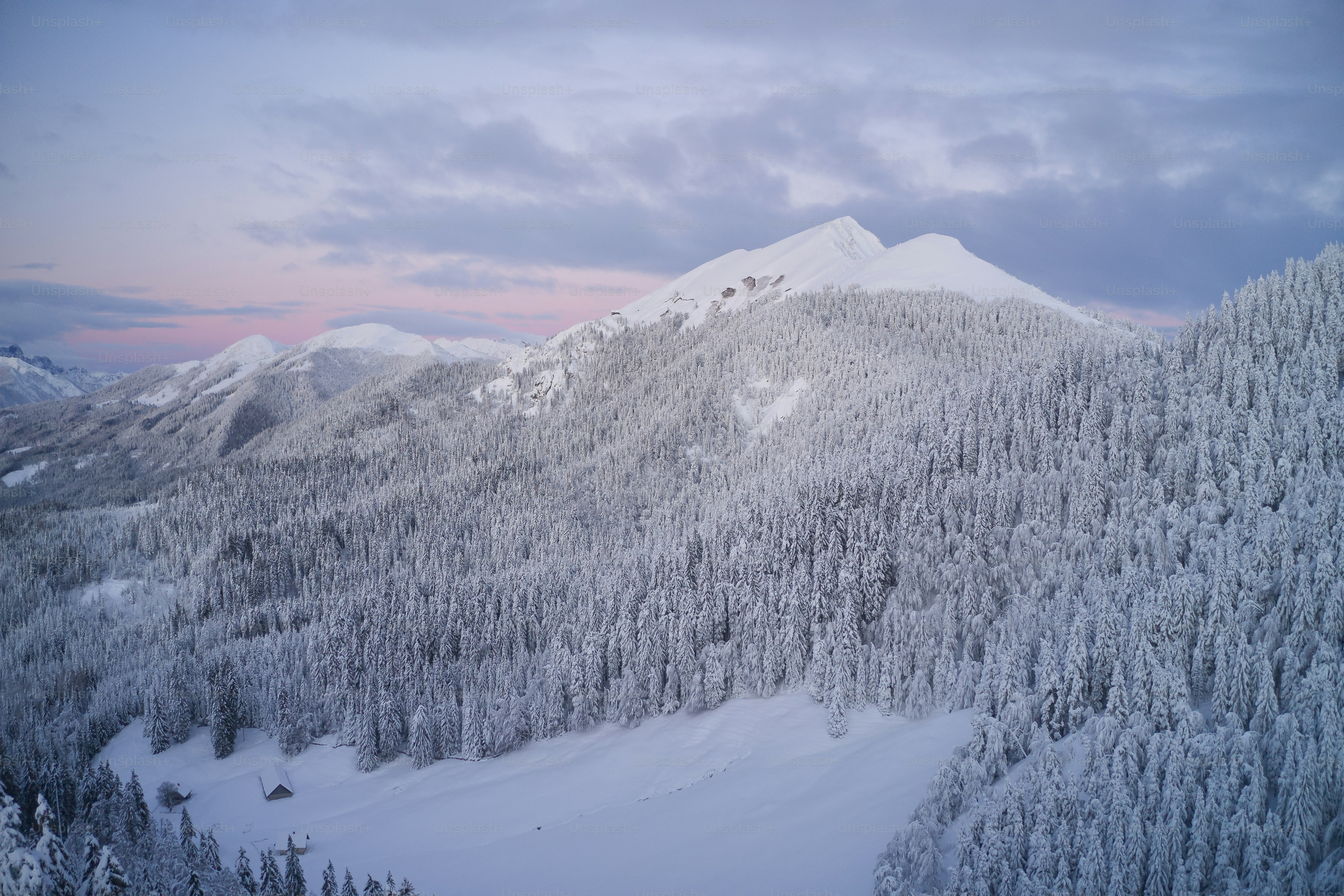 una montaña cubierta de nieve y árboles bajo un cielo nublado