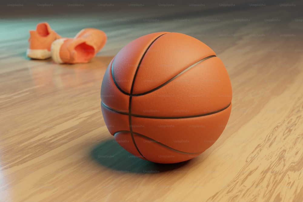 a basketball sitting on the floor next to a pair of slippers