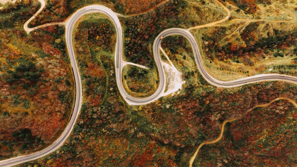 an aerial view of a winding road surrounded by trees