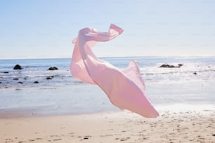 Une femme en robe rose est sur la plage