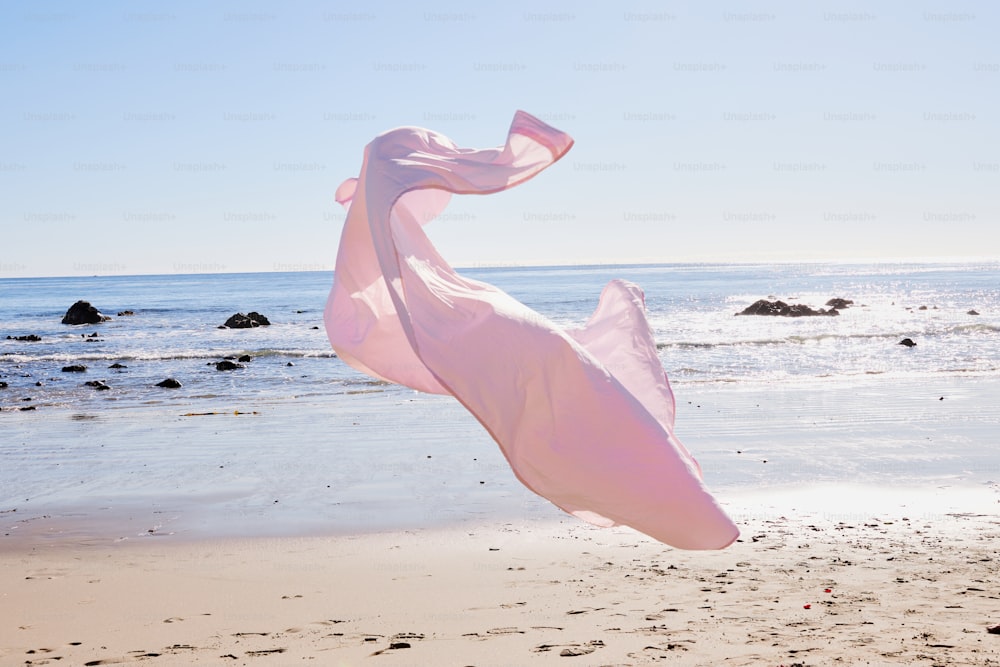 분홍색 드레스를 입은 여자가 해변에 있다