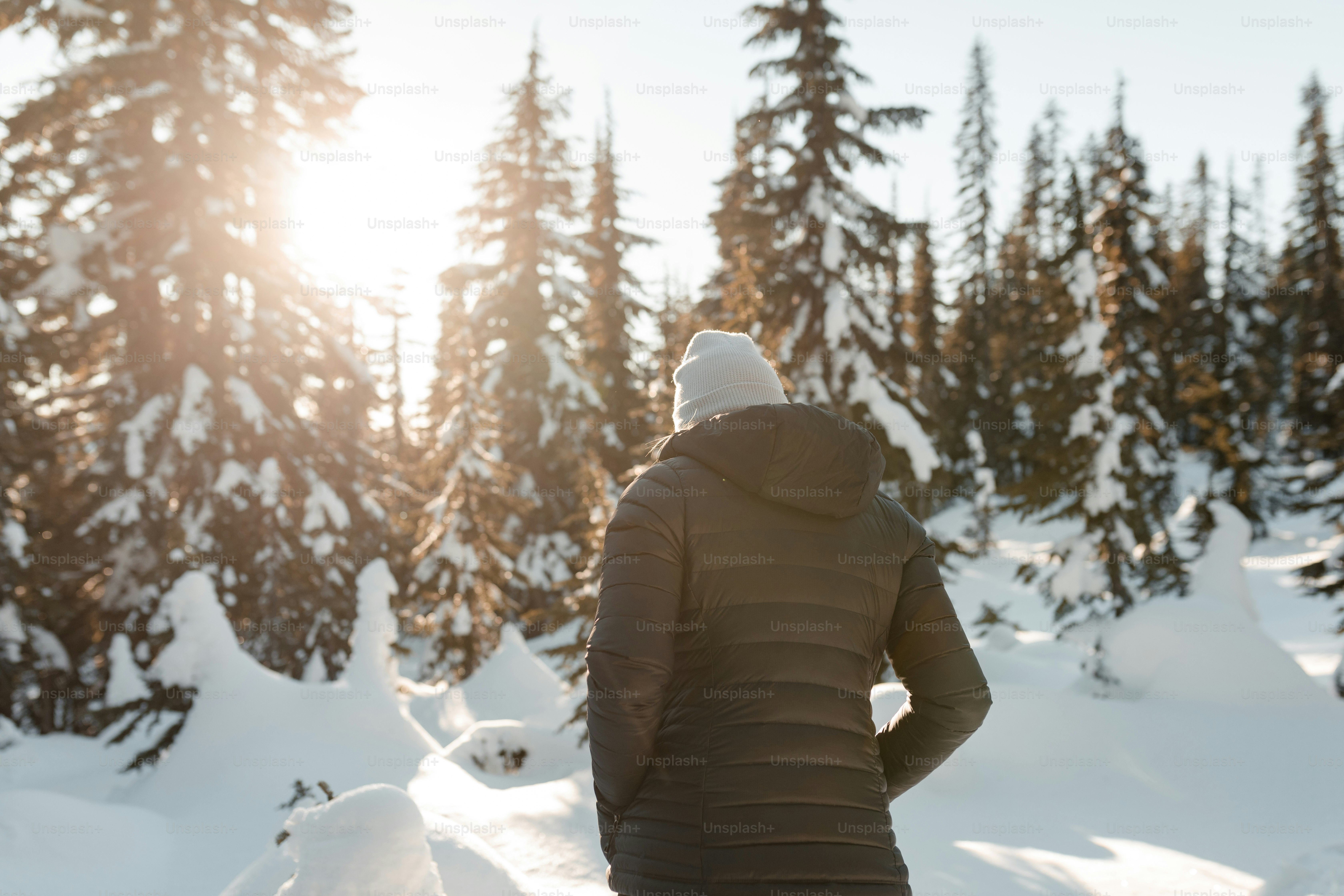 a person standing in the snow in front of some trees