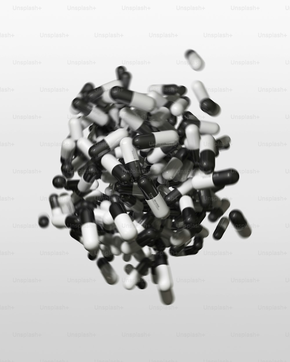 a bunch of pills falling into the air