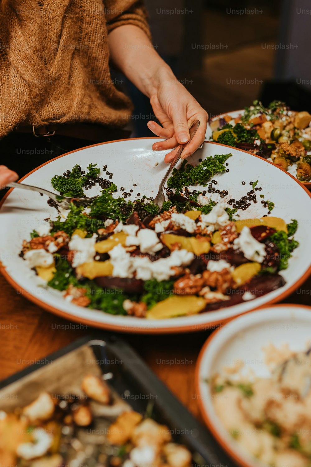 a plate of food on a wooden table