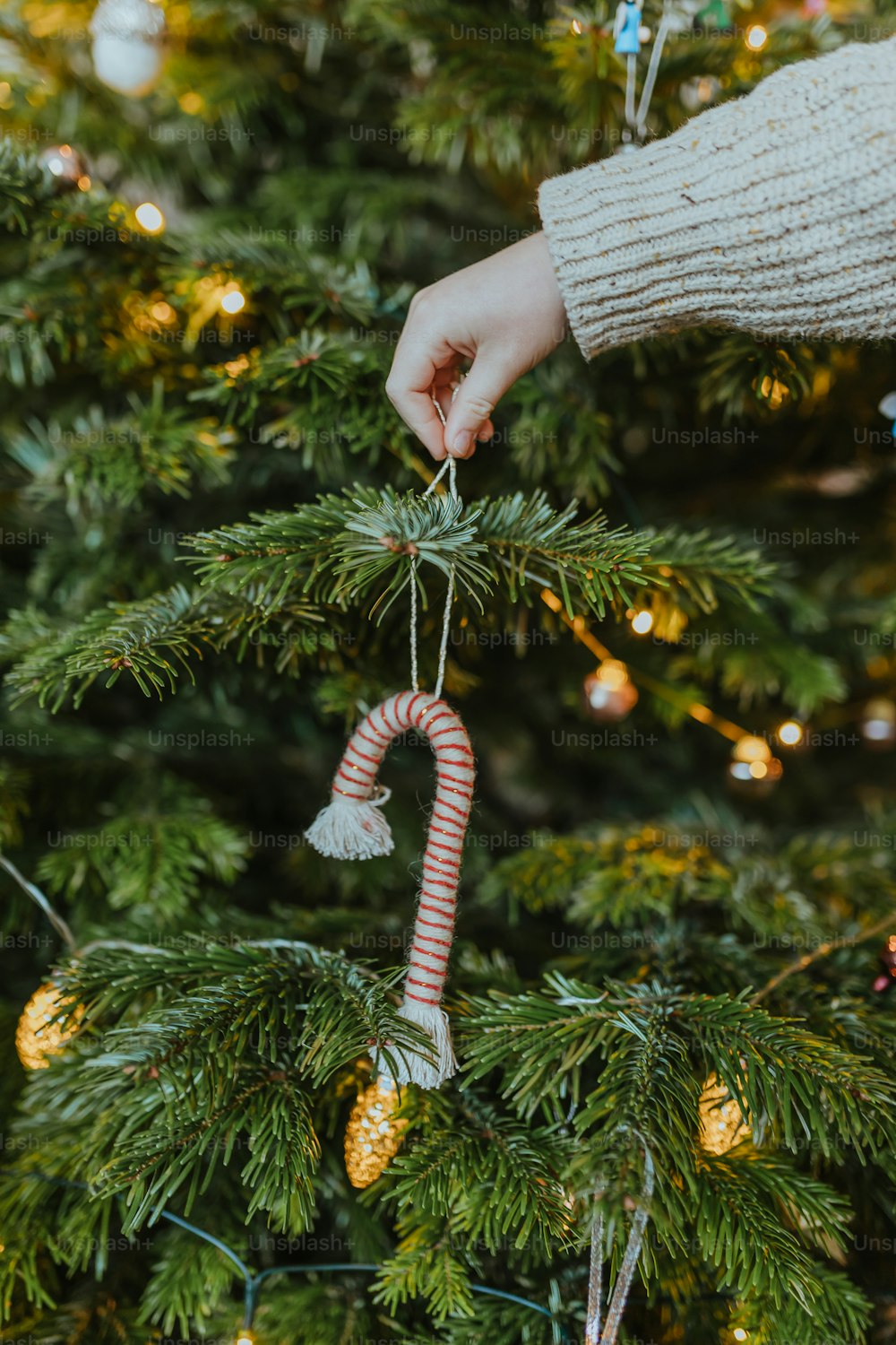 a person hanging a candy cane ornament on a christmas tree