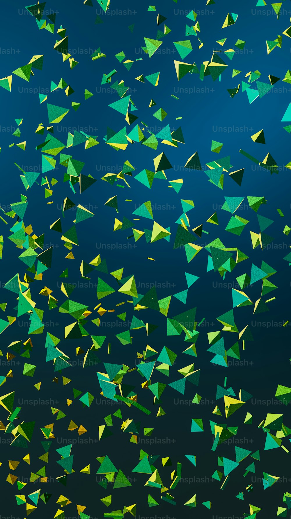 공중에서 날아가는 녹색과 노란색 삼각형 그룹