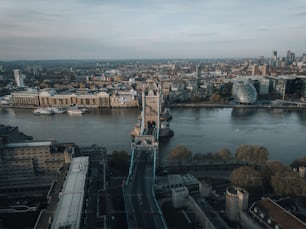 an aerial view of a city and a river