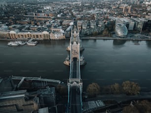 an aerial view of a bridge over a body of water