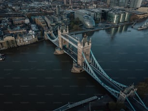 an aerial view of a bridge over a river