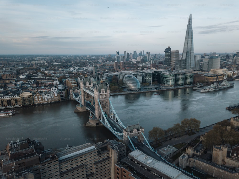 an aerial view of a city and a river