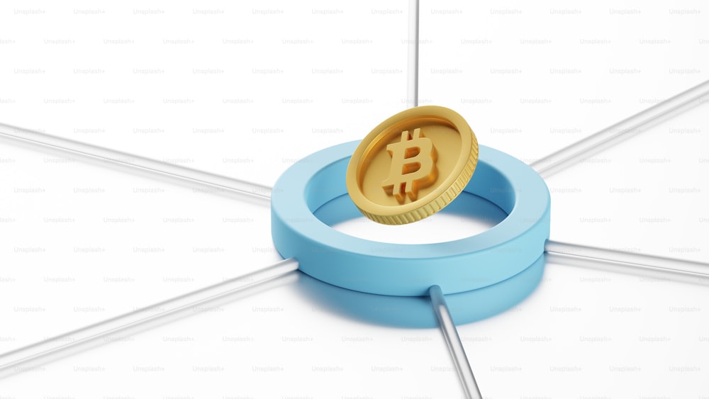 Ein Bitcoin in einem Ring auf weißem Hintergrund